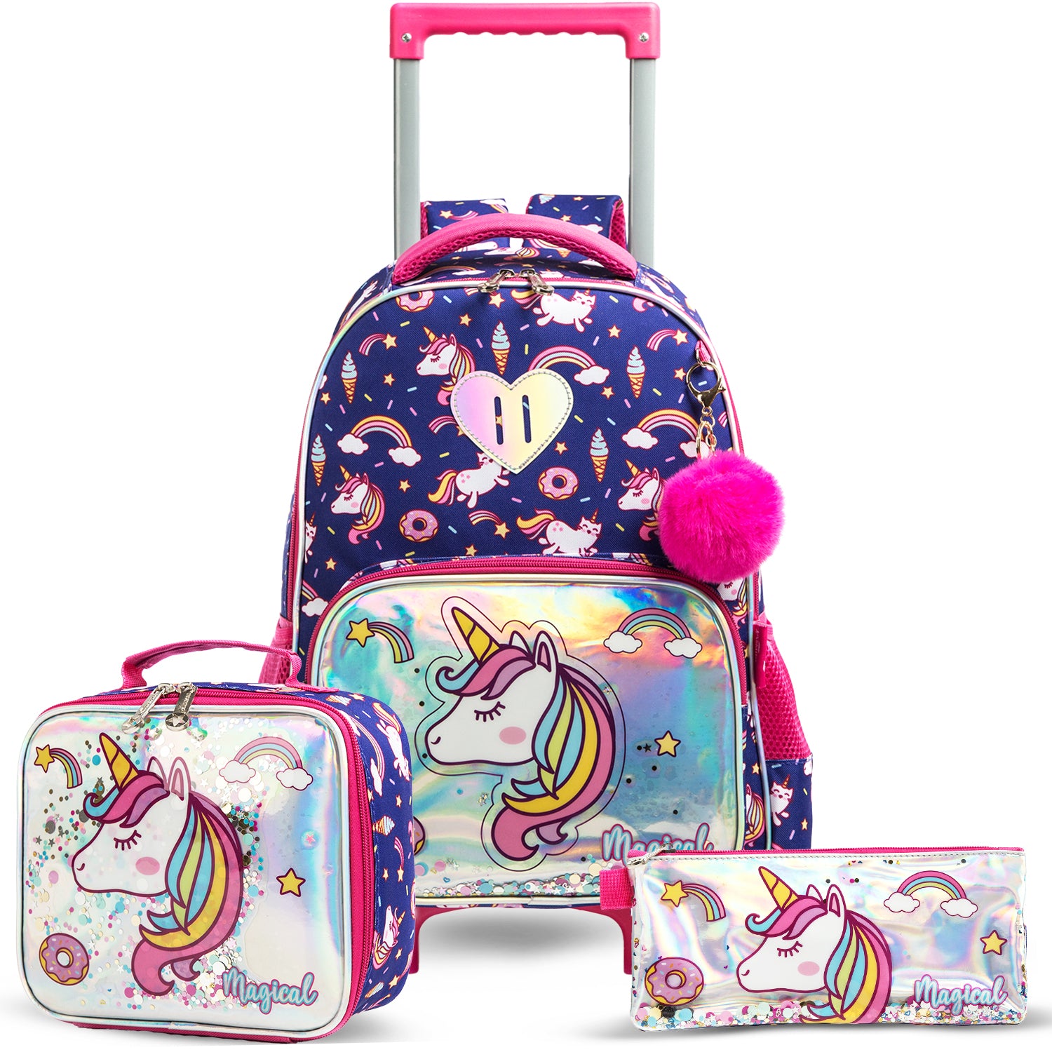 EAZY KIDS - 16 inch Set of 3 Trolley School Bag Lunch Bag & Pencil Case Unicorn Chrome - Blue
