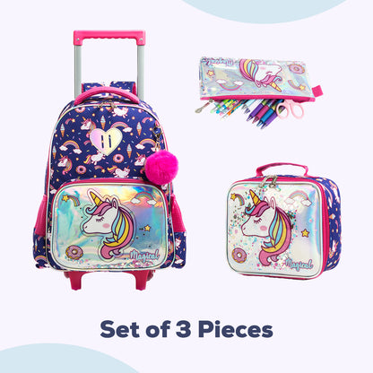 EAZY KIDS - 16 inch Set of 3 Trolley School Bag Lunch Bag & Pencil Case Unicorn Chrome - Blue