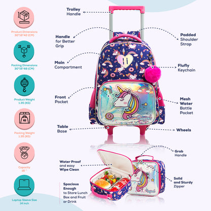 EAZY KIDS - 16 inch Set of 3 Trolley School Bag Lunch Bag & Pencil Case Unicorn Chrome - Blue