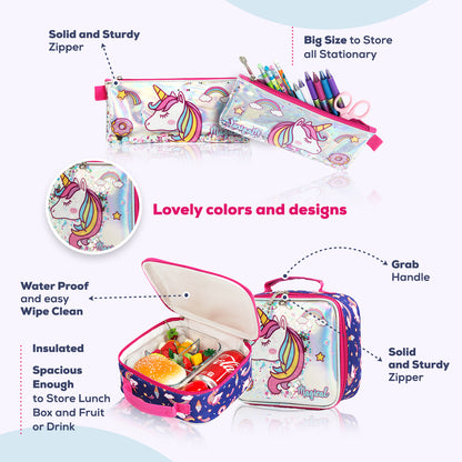 EAZY KIDS - 16 inch Set of 3 Trolley School Bag Lunch Bag & Pencil Case Unicorn Chrome - Blue