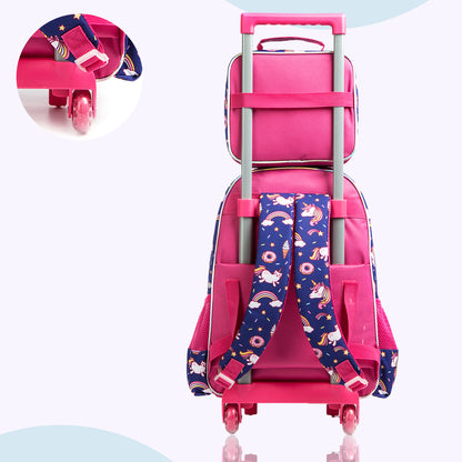 EAZY KIDS - 16 inch Set of 3 Trolley School Bag Lunch Bag & Pencil Case Unicorn Chrome - Blue