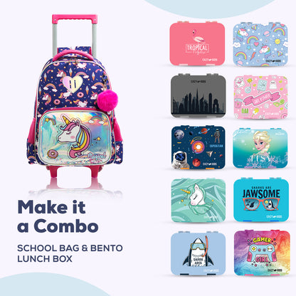 EAZY KIDS - 16 inch Set of 3 Trolley School Bag Lunch Bag & Pencil Case Unicorn Chrome - Blue