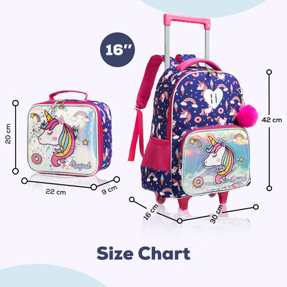EAZY KIDS - 16 inch Set of 3 Trolley School Bag Lunch Bag & Pencil Case Unicorn Chrome - Blue