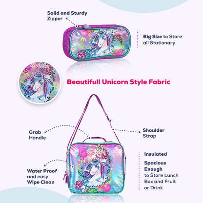 EAZY KIDS - Back to School - 18 inch Set of 4 School Bag Lunch Bag Activity Bag & Pencil Case Unicorn - Pink