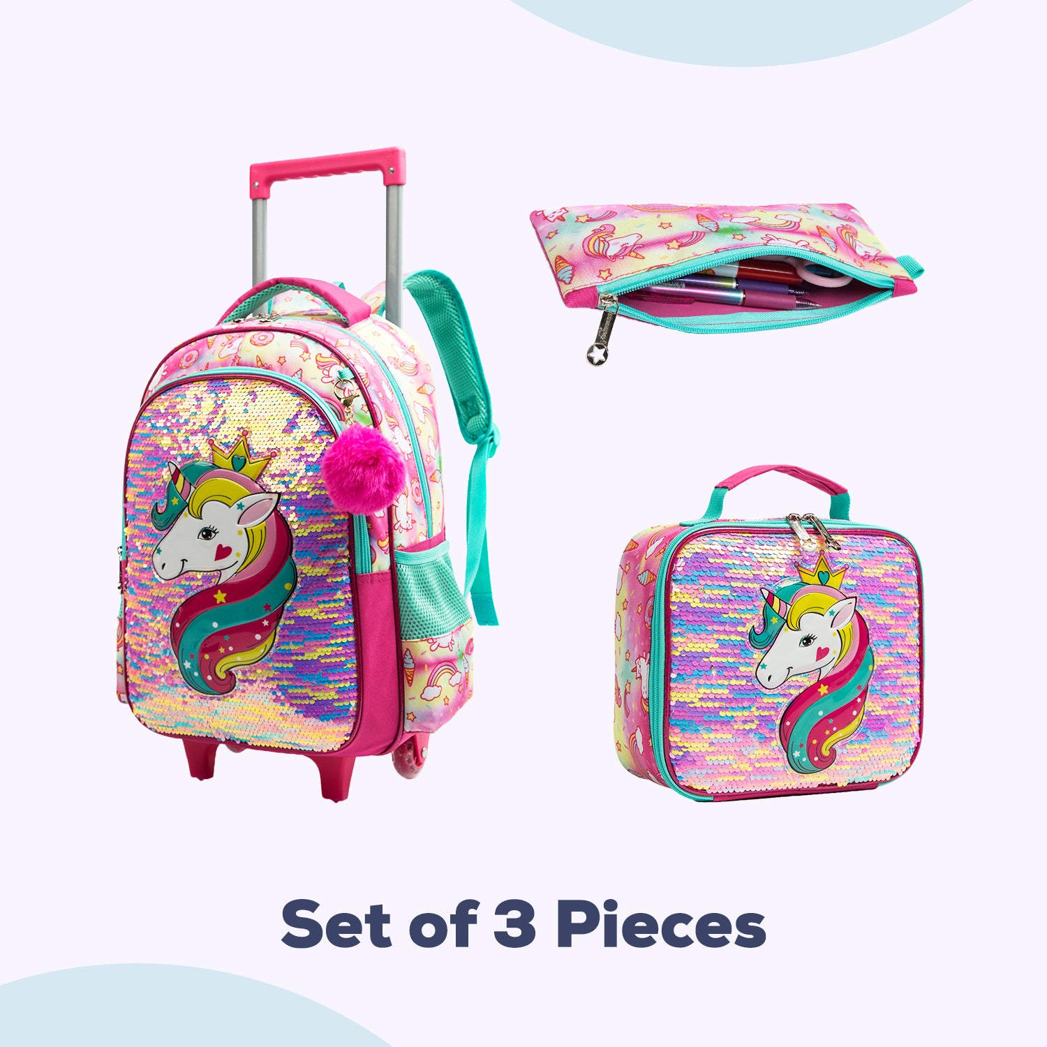 EAZY KIDS - 16 inch Set of 3 Trolley School Bag Lunch Bag & Pencil Case Unicorn - Pink
