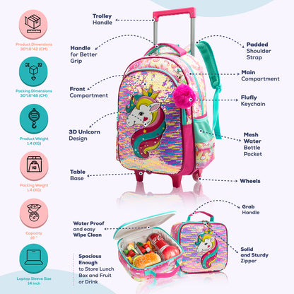 EAZY KIDS - 16 inch Set of 3 Trolley School Bag Lunch Bag & Pencil Case Unicorn - Pink
