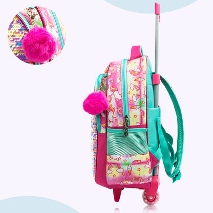EAZY KIDS - 16 inch Set of 3 Trolley School Bag Lunch Bag & Pencil Case Unicorn - Pink