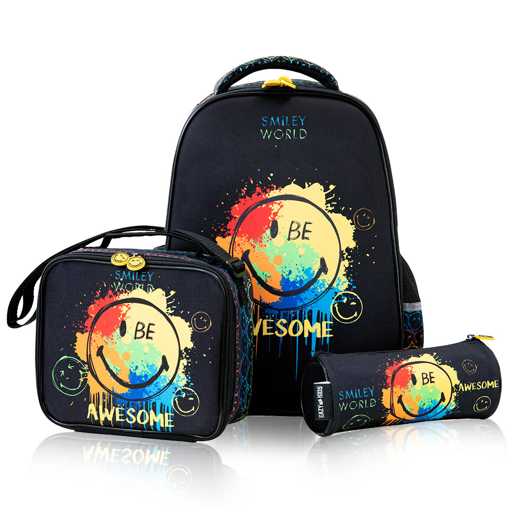 EAZY KIDS 17Inch Set of 3 School Bag with Lunch Bag and Pencil Case Awesome - Black