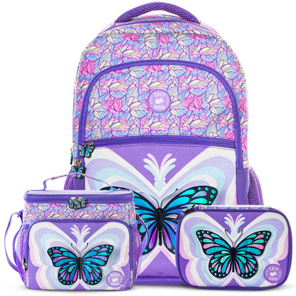 EAZY KIDS 18 inch Set of 3 Backpack w/Lunch Bag and Pencil Case - 3D Butterfly Purple