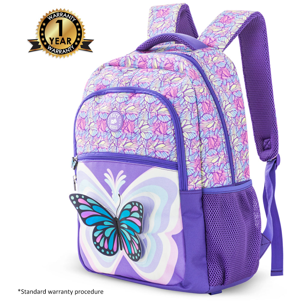 EAZY KIDS 18 inch Set of 3 Backpack w/Lunch Bag and Pencil Case - 3D Butterfly Purple