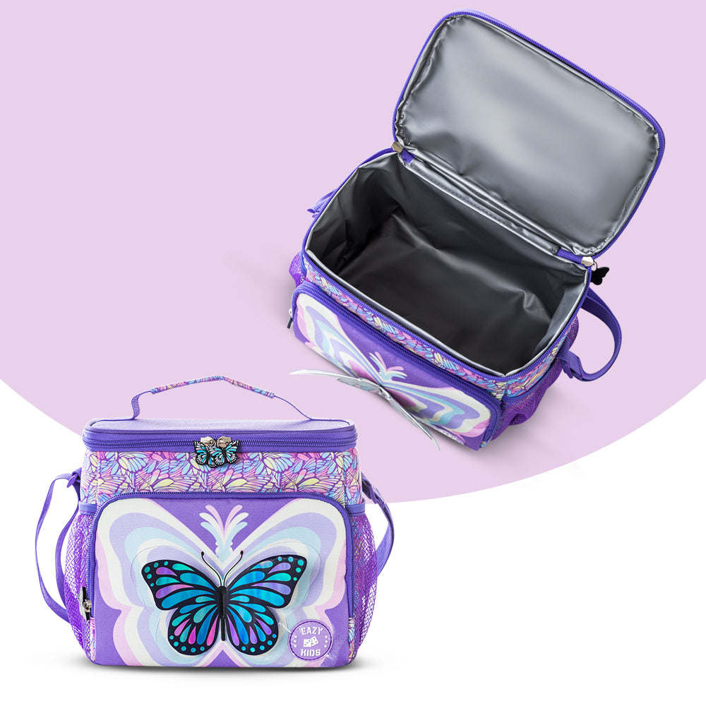 EAZY KIDS 18 inch Set of 3 Backpack w/Lunch Bag and Pencil Case - 3D Butterfly Purple