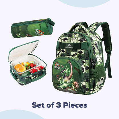 EAZY KIDS - 18 inch School Bag Lunch Bag Pencil Case Set of 3 Dinosaur - Green
