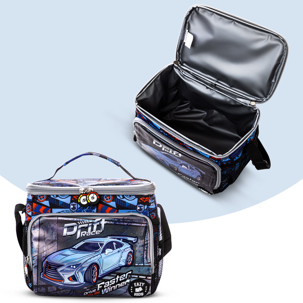 EAZY KIDS 18 inch Set of 3 Backpack w/Lunch Bag and Pencil Case - Car Racing