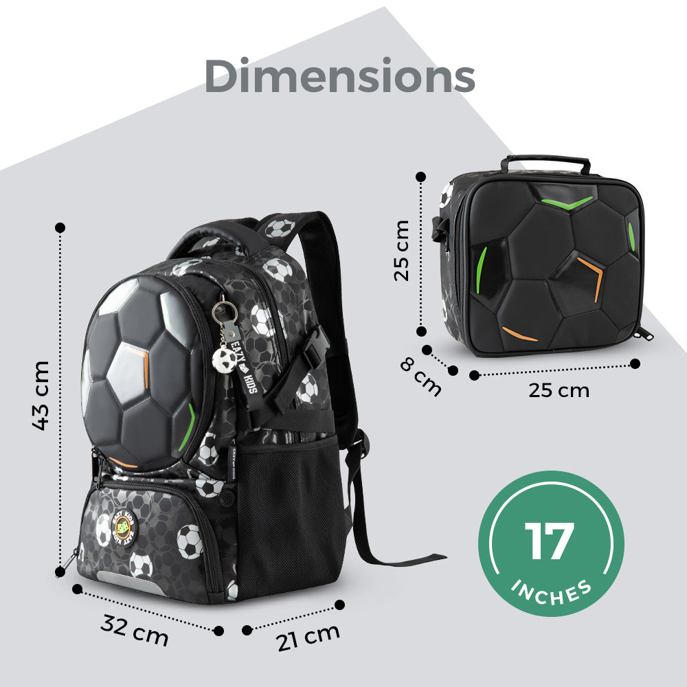 Eazy Kids 17” 3-Piece School Backpack Set for Kids – Football Design with Lunch Bag & Pencil Case, Black