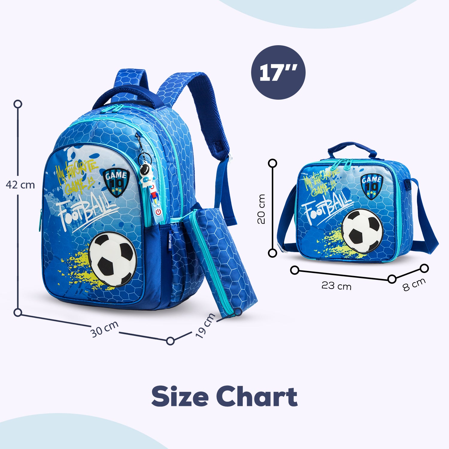 EAZY KIDS - 17 inch School Bag Lunch Bag Pencil Case Set of 3 Football - Blue