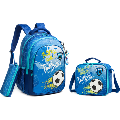 EAZY KIDS - 17 inch School Bag Lunch Bag Pencil Case Set of 3 Football - Blue