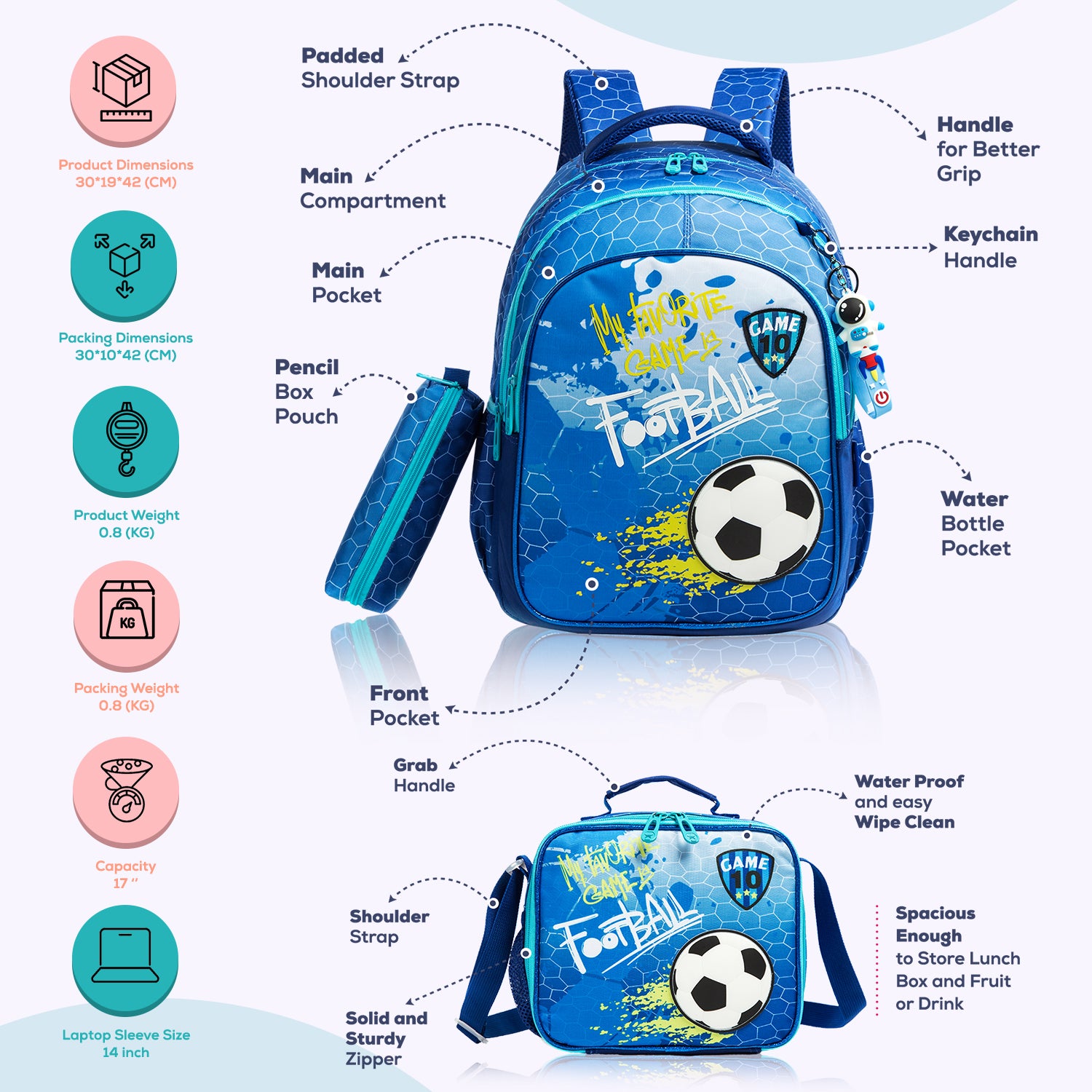 EAZY KIDS - 17 inch School Bag Lunch Bag Pencil Case Set of 3 Football - Blue