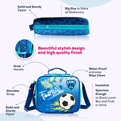 EAZY KIDS - 17 inch School Bag Lunch Bag Pencil Case Set of 3 Football - Blue