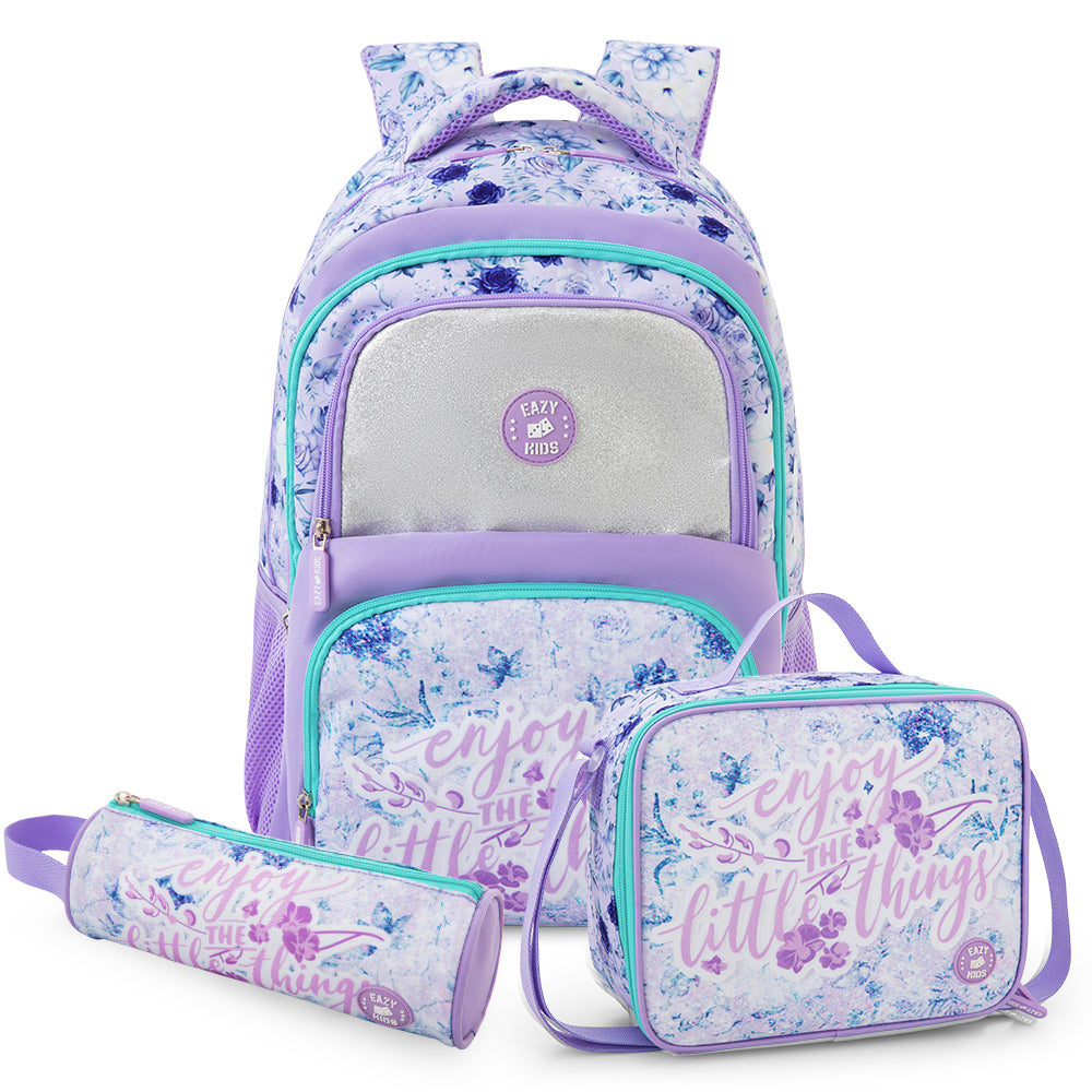 Eazy Kids 18" School Bag Set of 3-Backpack, Lunch Bag & Pencil Case w/ Laptop Compartment -  Purple