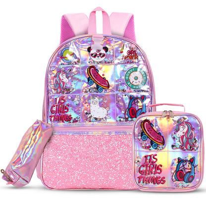 EAZY KIDS - 17 inch School Bag Lunch Bag Pencil Case Set of 3 Girl Things - Pink