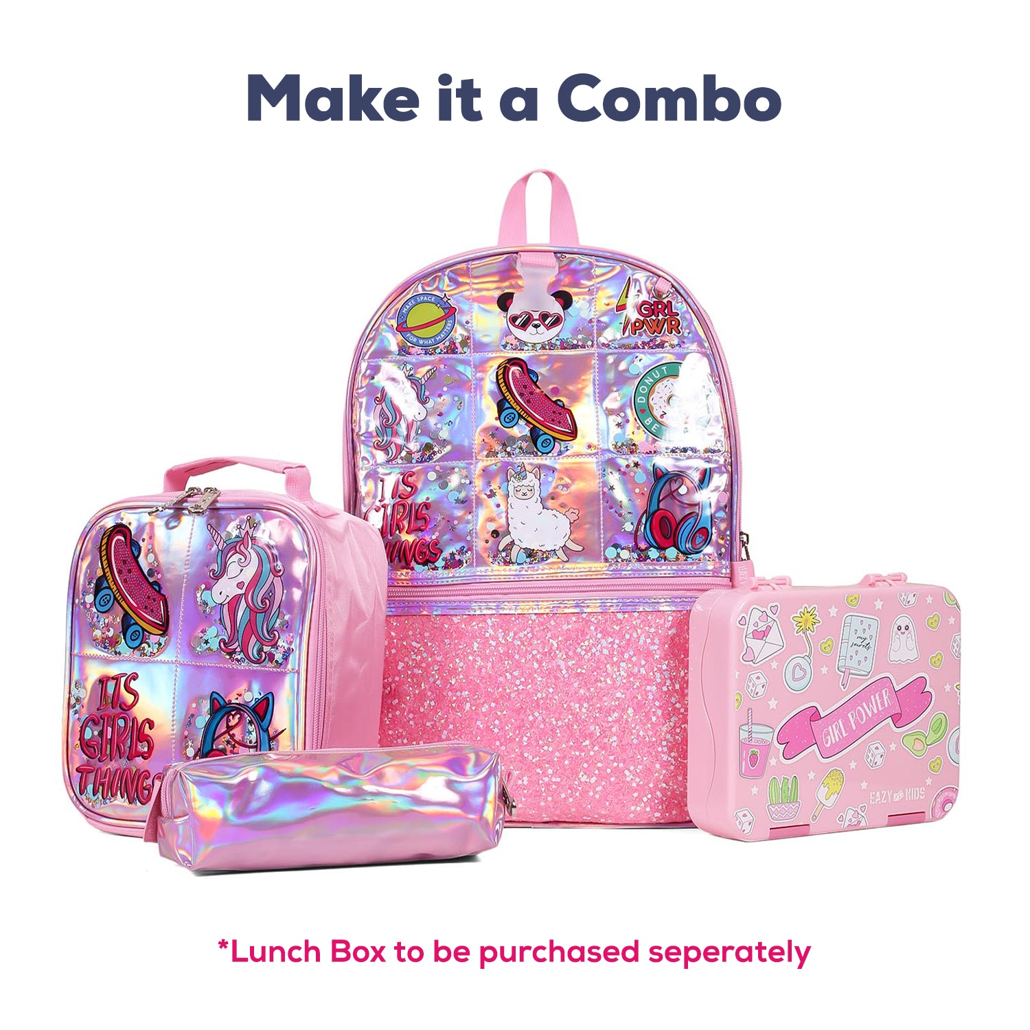 EAZY KIDS - 17 inch School Bag Lunch Bag Pencil Case Set of 3 Girl Things - Pink