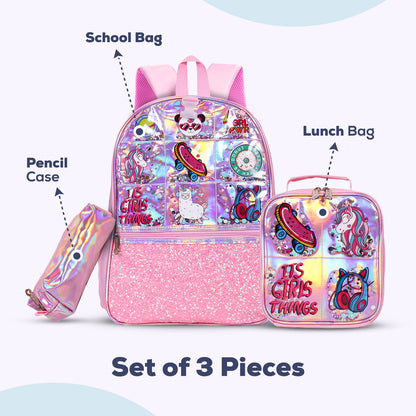 EAZY KIDS - 17 inch School Bag Lunch Bag Pencil Case Set of 3 Girl Things - Pink