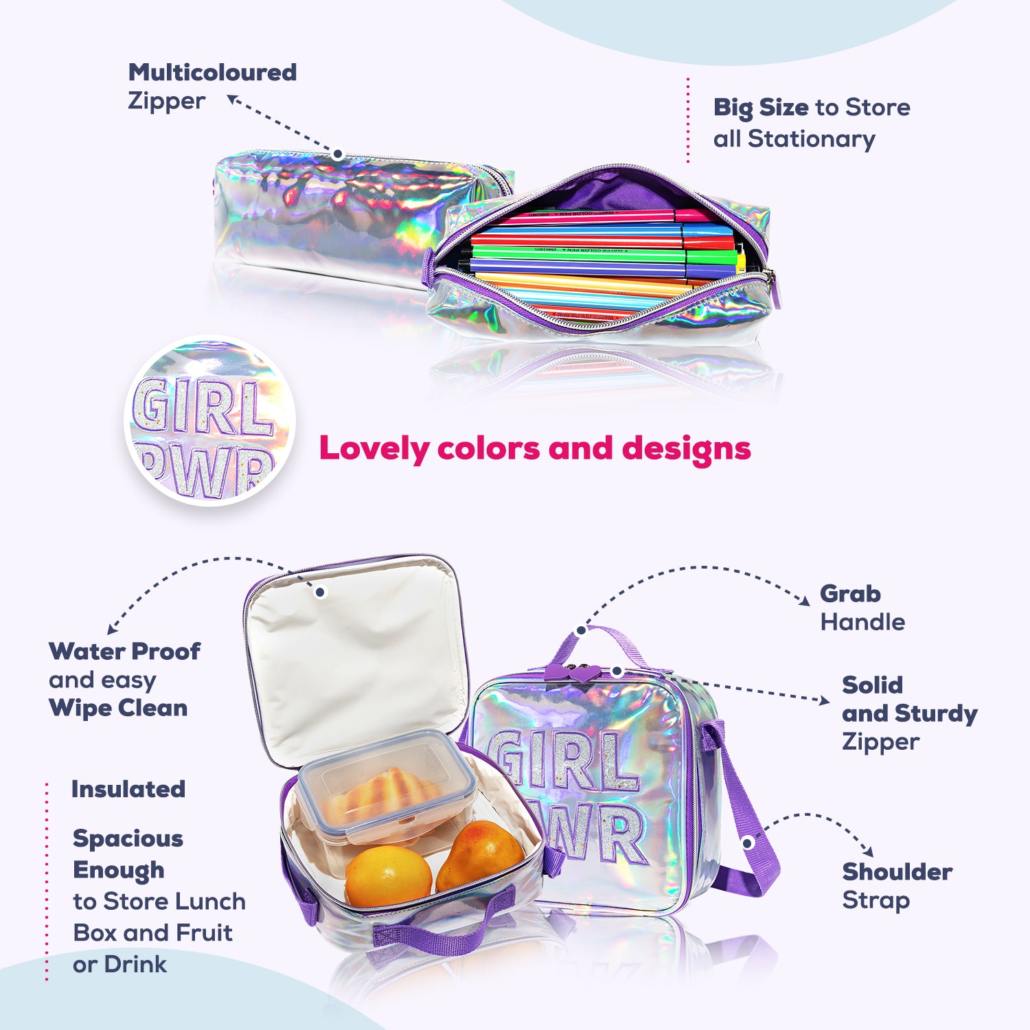 EAZY KIDS - 18 inch School Bag Lunch Bag Pencil Case Set of 3 Girl Power - Purple