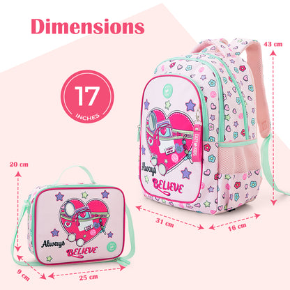 Eazy Kids 17”School Bag Set of 3- Backpack, Lunch Bag & Pencil Case,Laptop Compartment -Always Believe - Pink