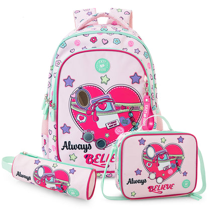 Eazy Kids Personalized 17”School Bag Set of 3- Backpack, Lunch Bag & Pencil Case,Laptop Compartment -Always Believe - Pink