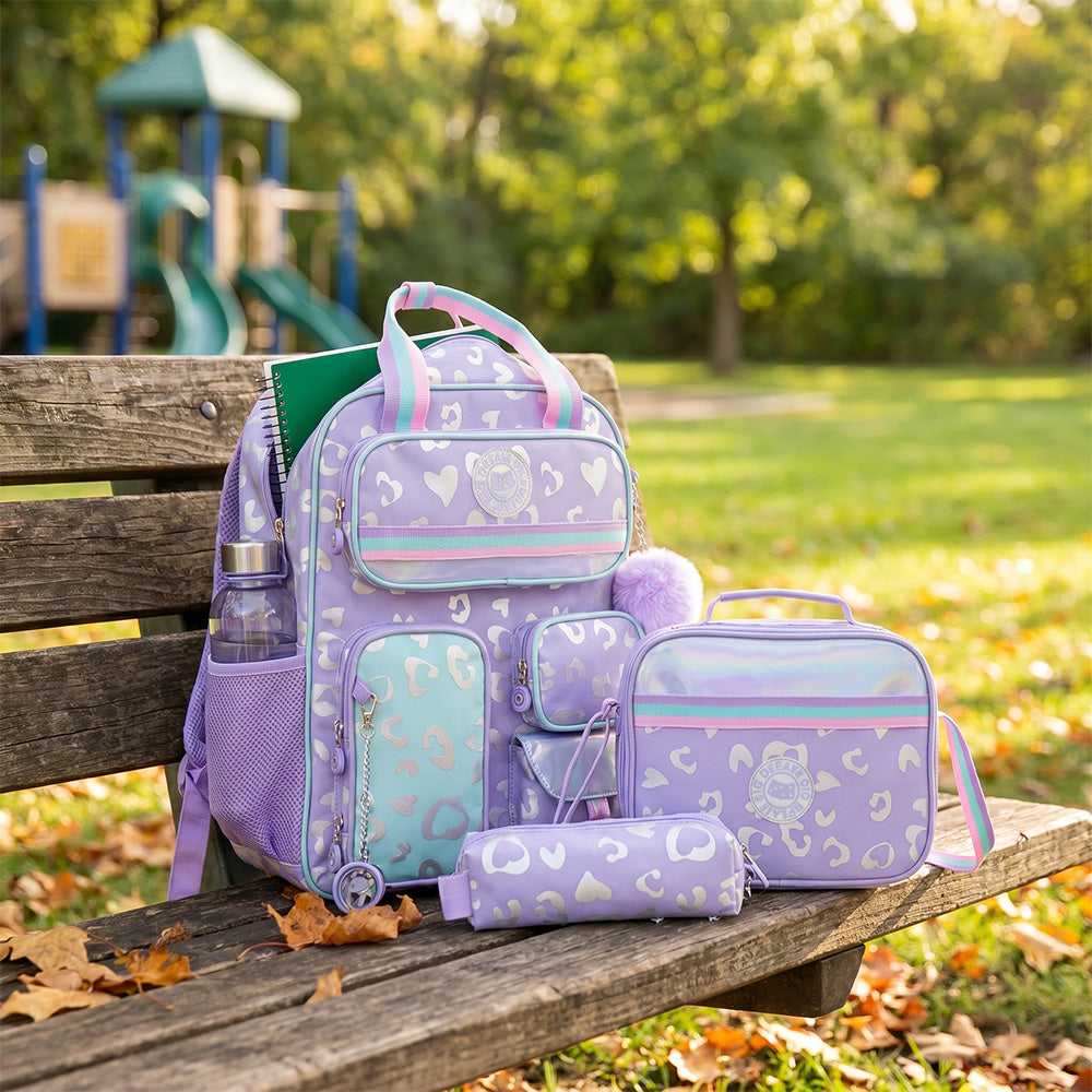 Eazy Kids Personalized 17” 3-Piece School Backpack Set for Kids – Backpack with Lunch Bag & Pencil Case, Purple