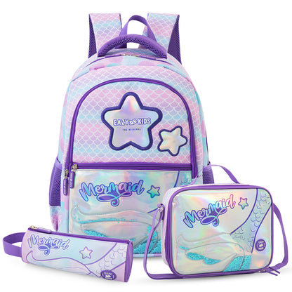 Eazy Kids 16” Trolley School Bag Set of 3 with Wheels – Backpack, Lunch Bag & Pencil Case, Purple