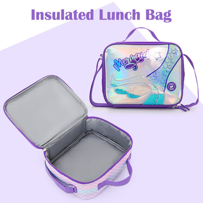 Eazy Kids 16” Trolley School Bag Set of 3 with Wheels – Backpack, Lunch Bag & Pencil Case, Purple