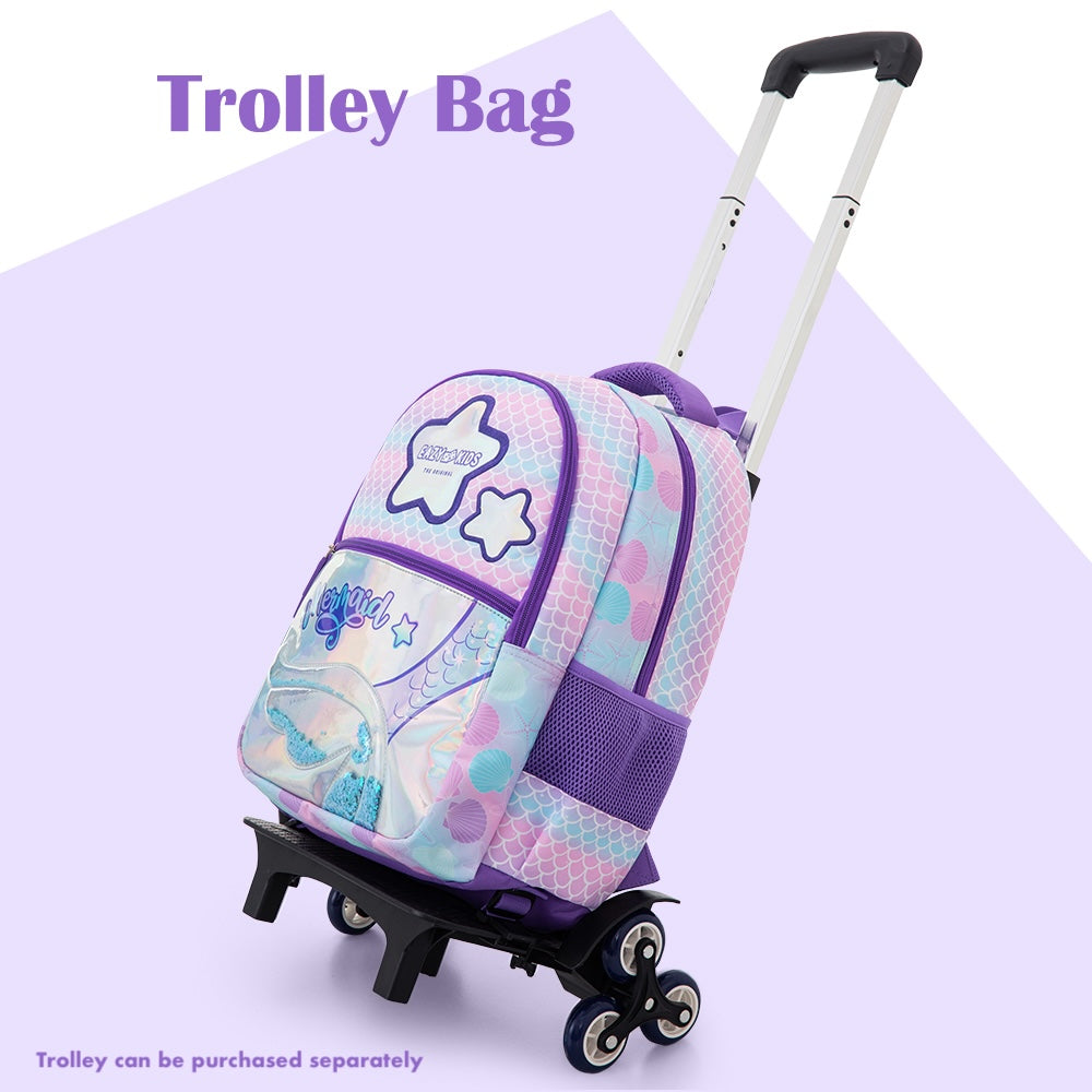Eazy Kids 16” Trolley School Bag Set of 3 with Wheels – Backpack, Lunch Bag & Pencil Case, Purple