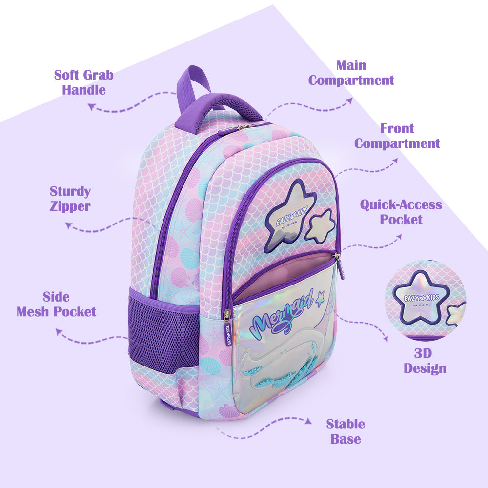 Eazy Kids 16” Trolley School Bag Set of 3 with Wheels – Backpack, Lunch Bag & Pencil Case, Purple