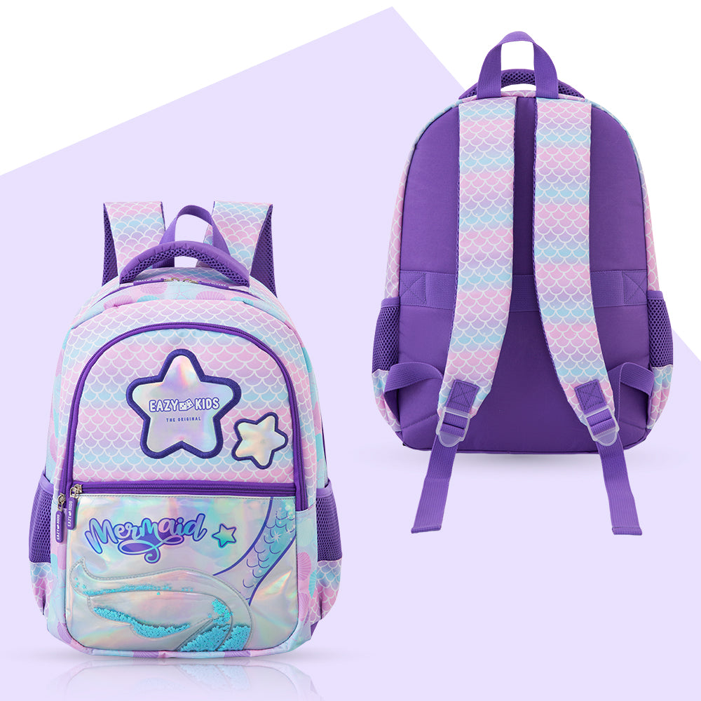 Eazy Kids 16” Trolley School Bag Set of 3 with Wheels – Backpack, Lunch Bag & Pencil Case, Purple