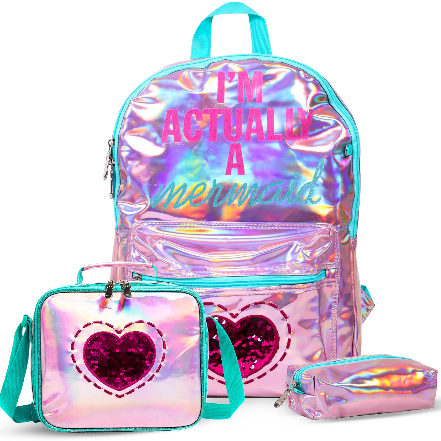 EAZY KIDS - 17 inch School Bag Lunch Bag Pencil Case Set of 3 Mermaid Love - Pink