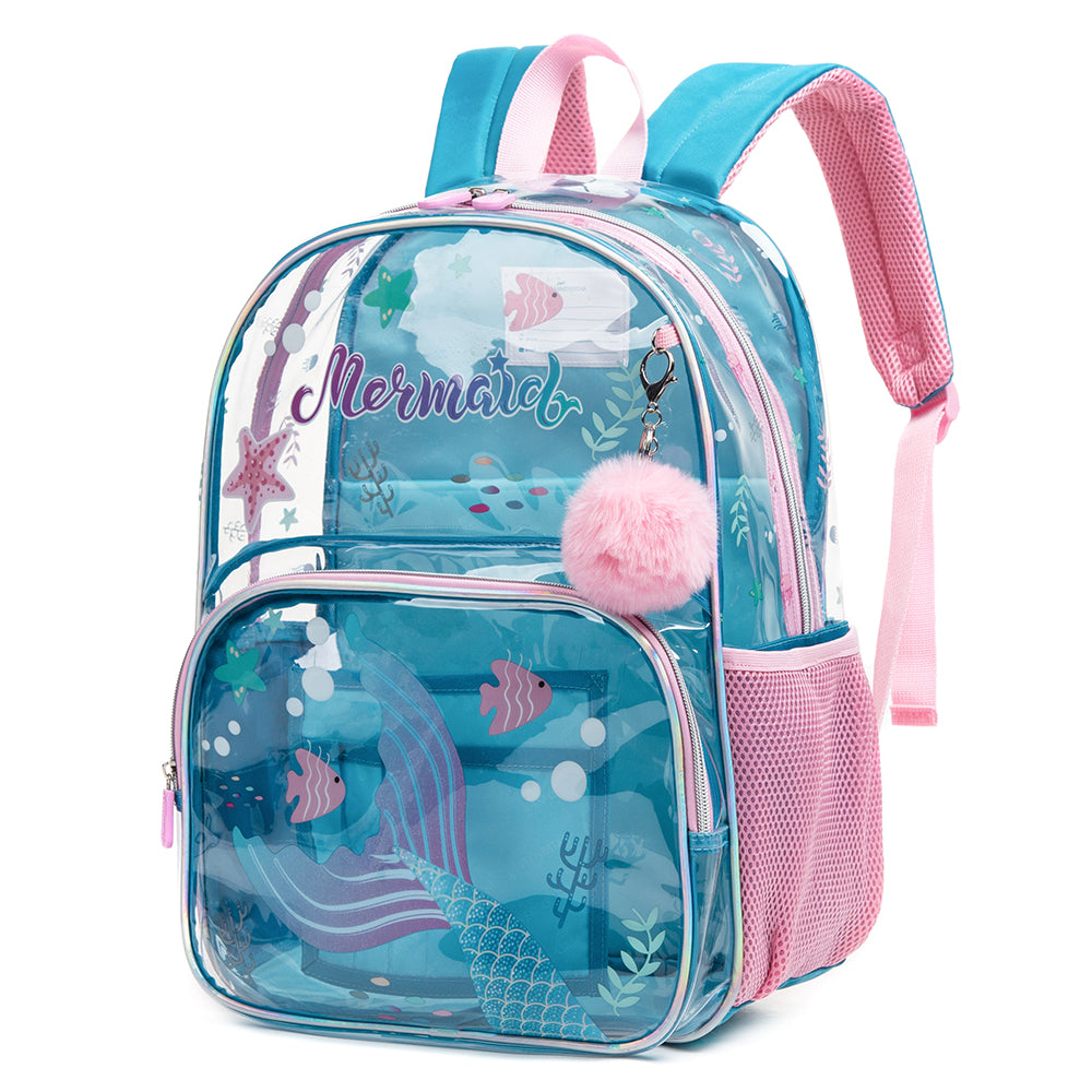 EAZY KIDS 17Inch Set of 3 School Bag with Lunch Bag and Pencil Case Mermaid-Blue