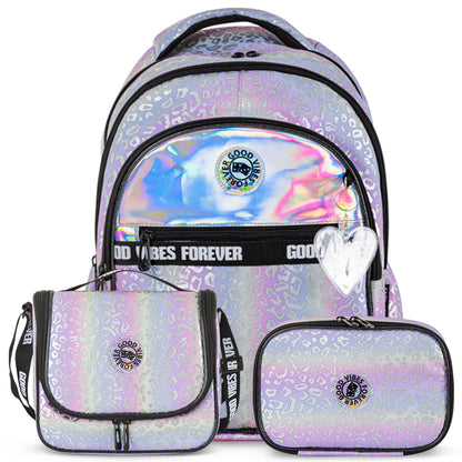 مجموعة حقائب مدرسية من إيزي كيدز، مقاس 17 بوصة، مكونة من 3 قطع مع حقيبة غداء وحافظة أقلام - جود فايبز - فضي