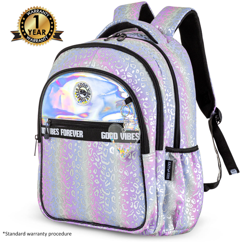 EAZY KIDS 17" School Bag Set of 3 w/Lunch Bag and Pencil Case - Good Vibes - Silver
