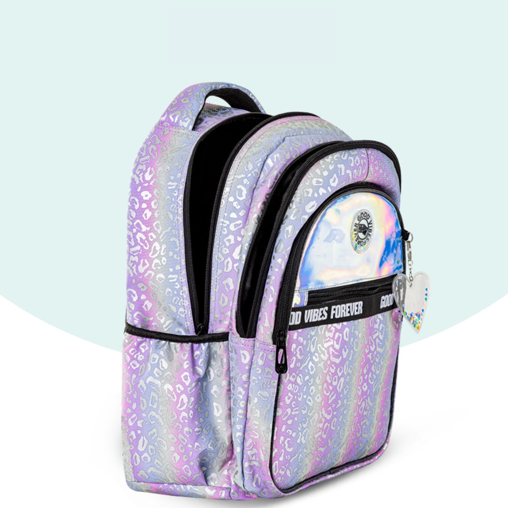 مجموعة حقائب مدرسية من إيزي كيدز، مقاس 17 بوصة، مكونة من 3 قطع مع حقيبة غداء وحافظة أقلام - جود فايبز - فضي