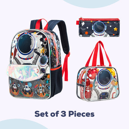 EAZY KIDS - 16 inch School Bag Lunch Bag Pencil Case Set of 3 - Astronaut - Blue