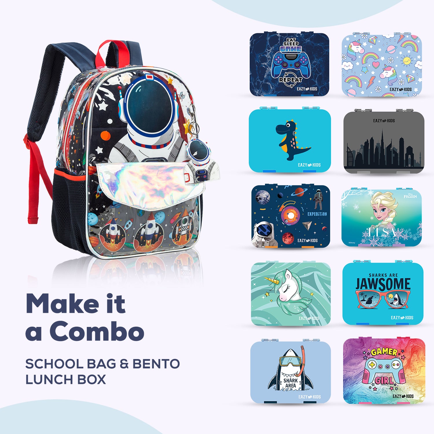EAZY KIDS - 16 inch School Bag Lunch Bag Pencil Case Set of 3 - Astronaut - Blue