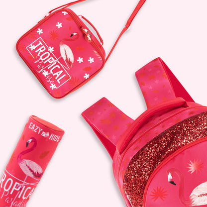 EAZY KIDS 17Inch Set of 3 School Bag with Lunch Bag and Pencil Case Tropical - Pink