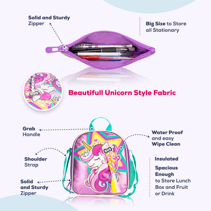 EAZY KIDS - 18 inch Set of 4 School Bag Lunch Bag Activity Bag & Pencil Case Unicorn - Pink