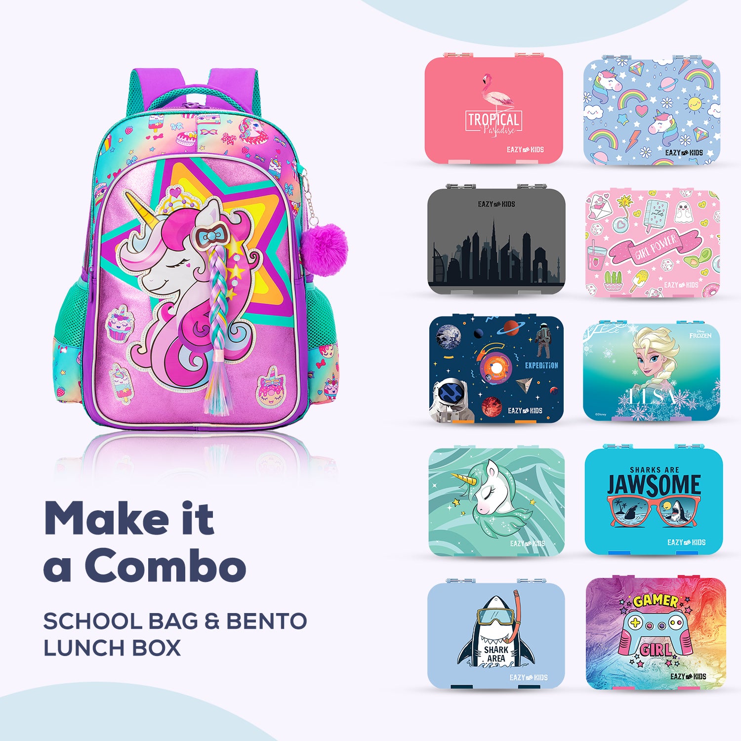 EAZY KIDS - 18 inch Set of 4 School Bag Lunch Bag Activity Bag & Pencil Case Unicorn - Pink