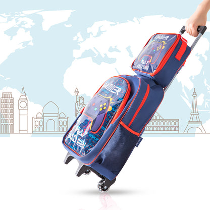 EAZY KIDS 17Inch Set of 5 Trolley School Bag with Lunch Bag, Pencil Case, Lunch Box and Water Bottle - Gamer - Blue