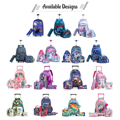 EAZY KIDS 17Inch Set of 5 Trolley School Bag with Lunch Bag, Pencil Case, Lunch Box and Water Bottle - Gamer - Blue