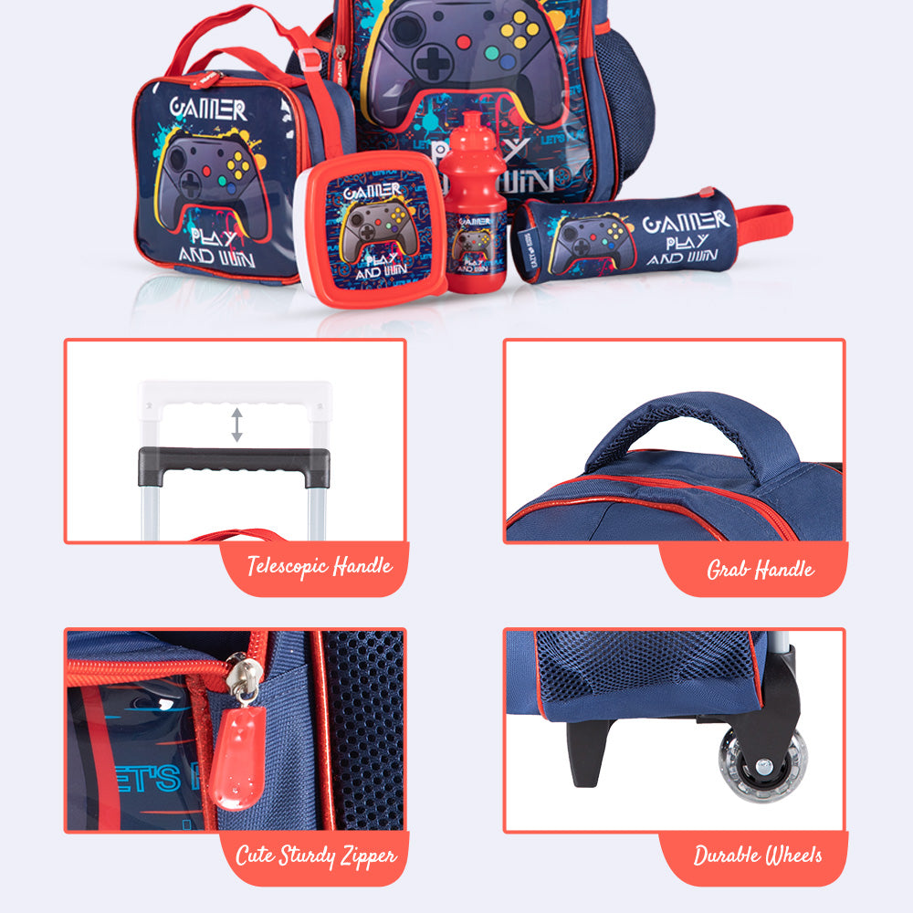 EAZY KIDS 17Inch Set of 5 Trolley School Bag with Lunch Bag, Pencil Case, Lunch Box and Water Bottle - Gamer - Blue