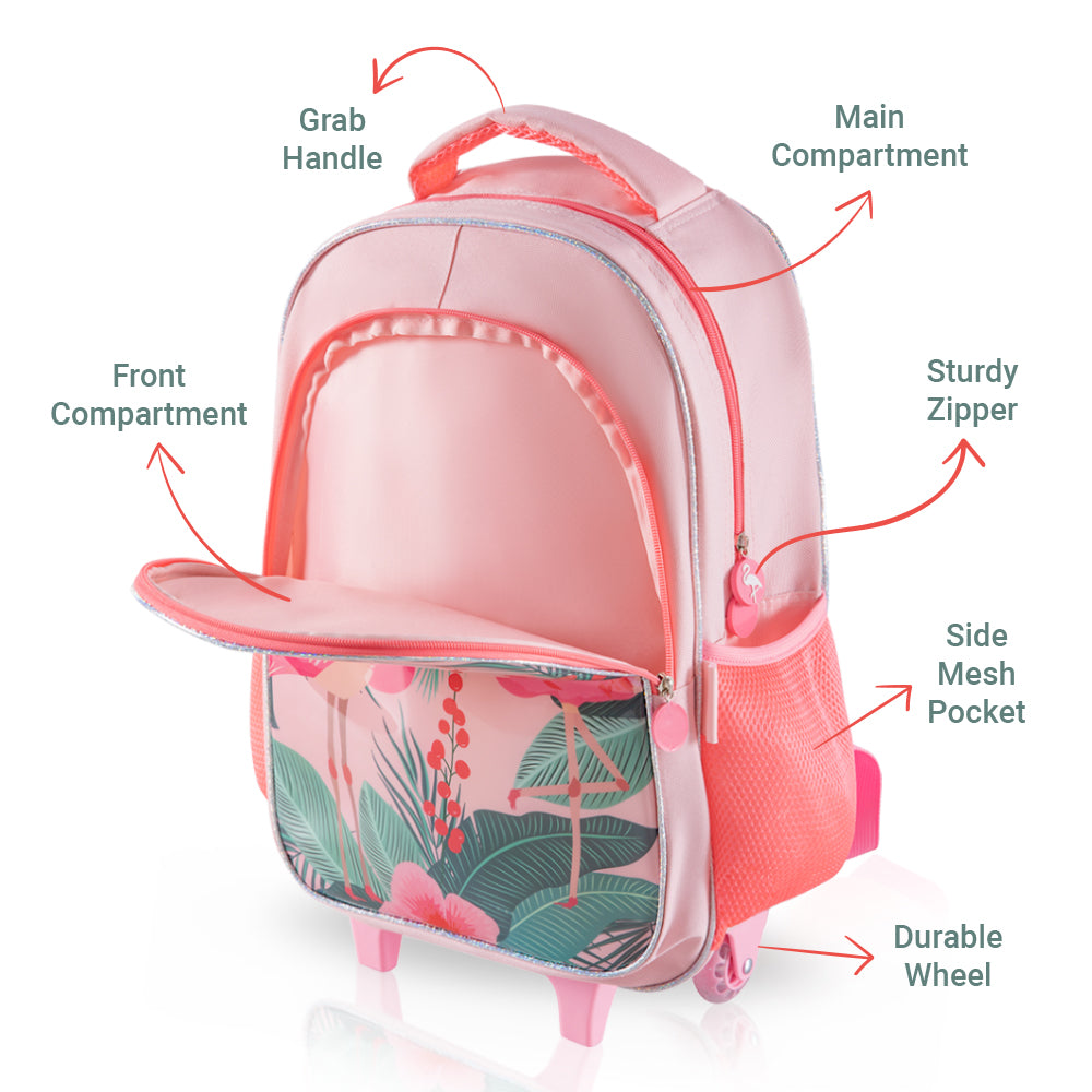 EAZY KIDS 17Inch Set of 5 Trolley School Bag with Lunch Bag, Pencil Case, Lunch Box and Water Bottle Tropical - Pink