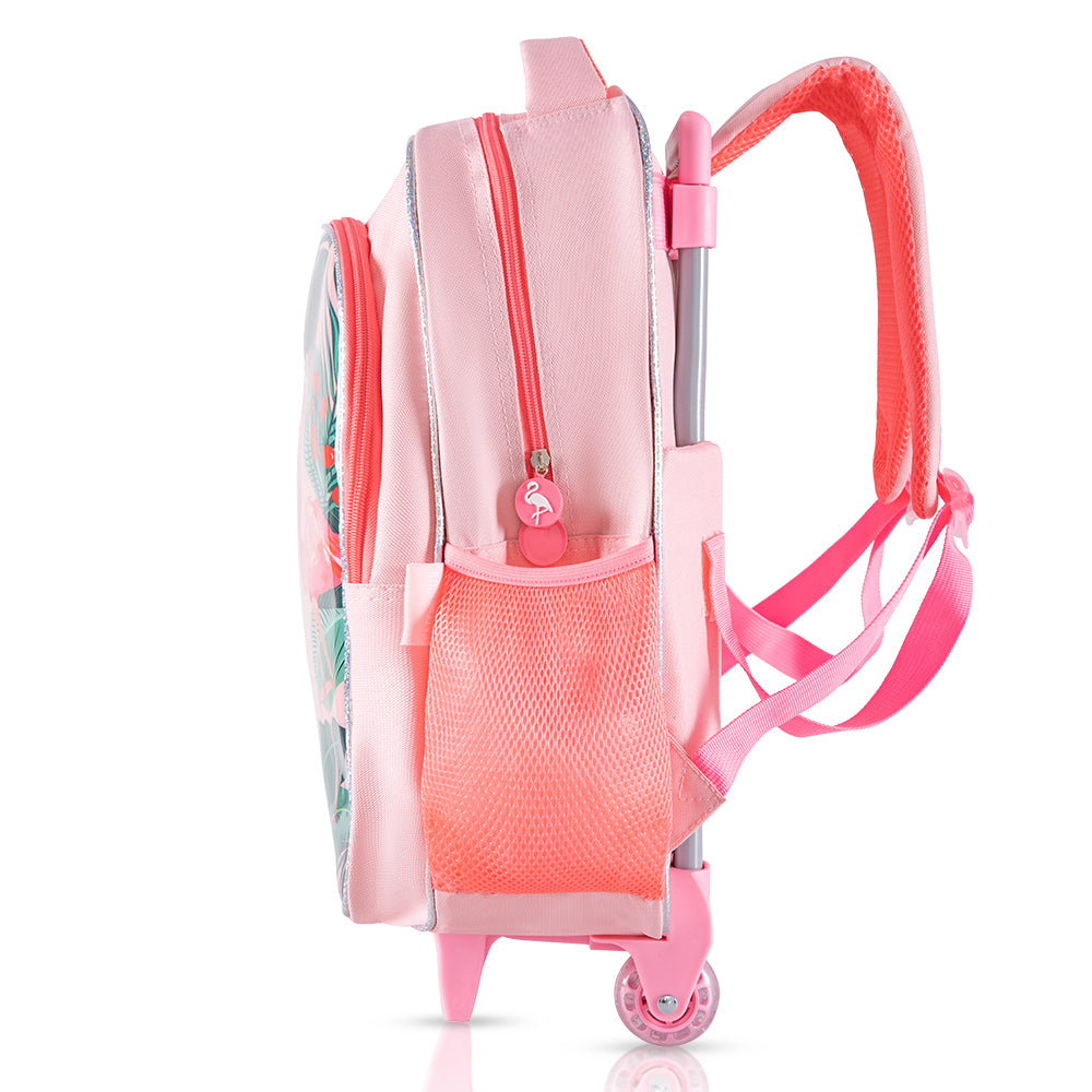 EAZY KIDS 17Inch Set of 5 Trolley School Bag with Lunch Bag, Pencil Case, Lunch Box and Water Bottle Tropical - Pink